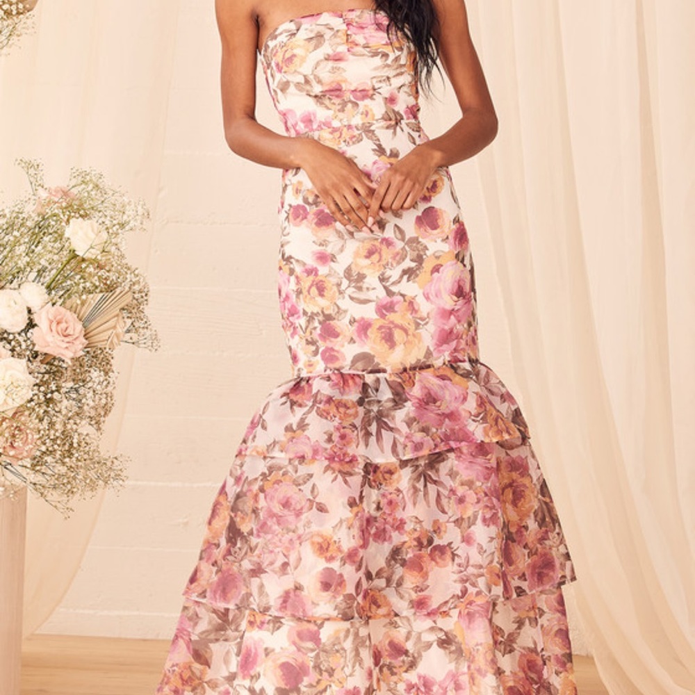 Fleur of dreams ivory and pink floral organza maxi dress